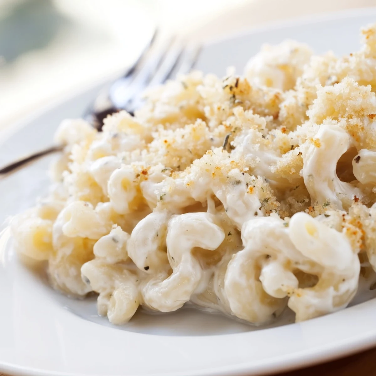 Heaping spoonful of garlic herb Boursin mac and cheese showing smooth cheese sauce coating elbow pasta