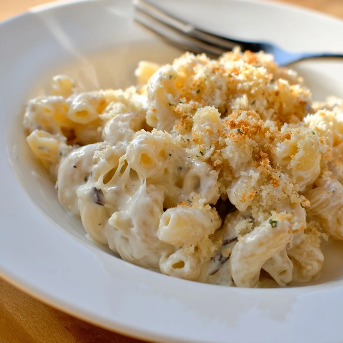 Creamy Boursin mac and cheese with golden breadcrumb topping served in a white baking dish