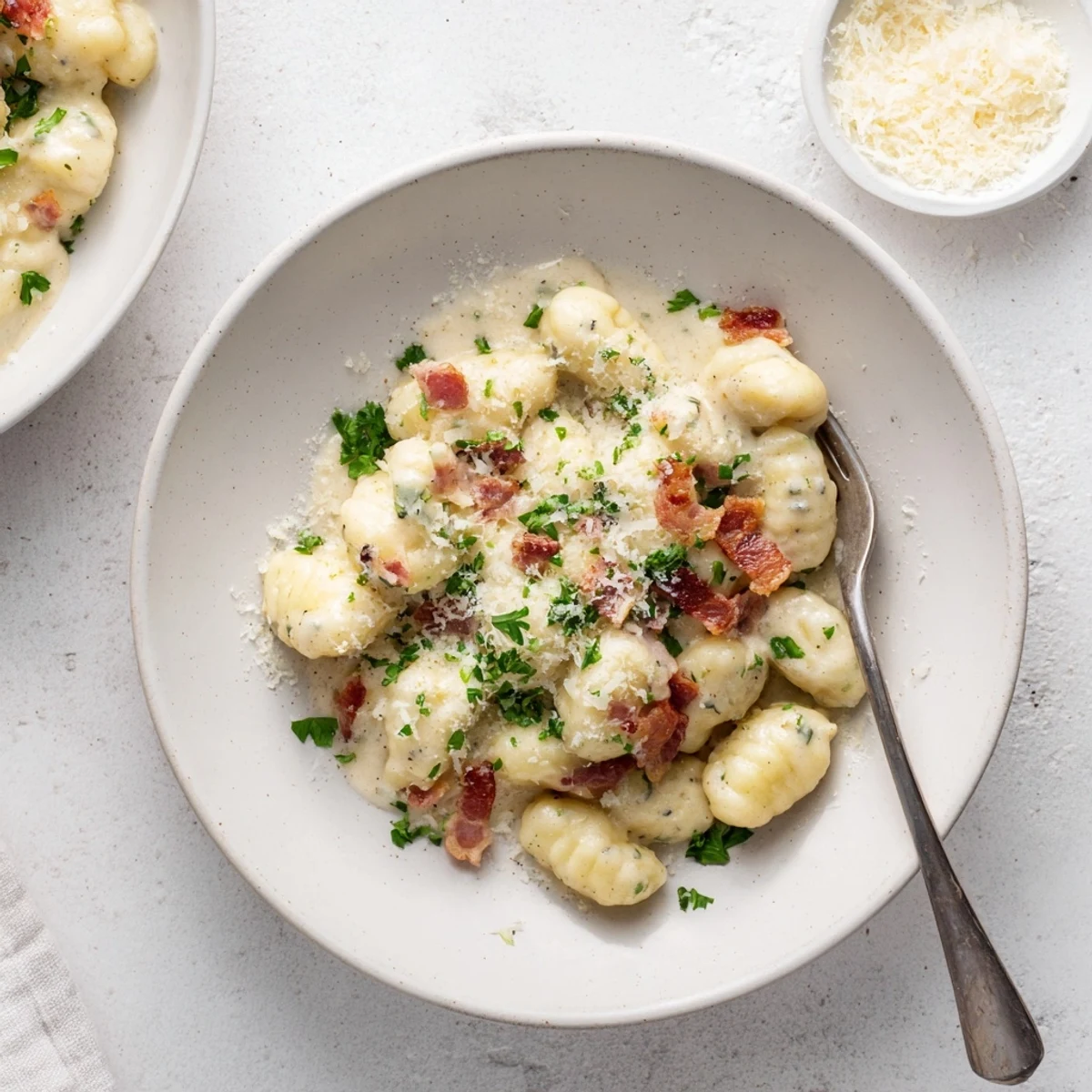 Plate of gnocchi carbonara topped with bacon bits and grated Parmesan cheese