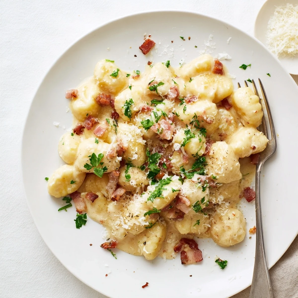Golden gnocchi carbonara with crispy bacon and melted Parmesan in creamy sauce