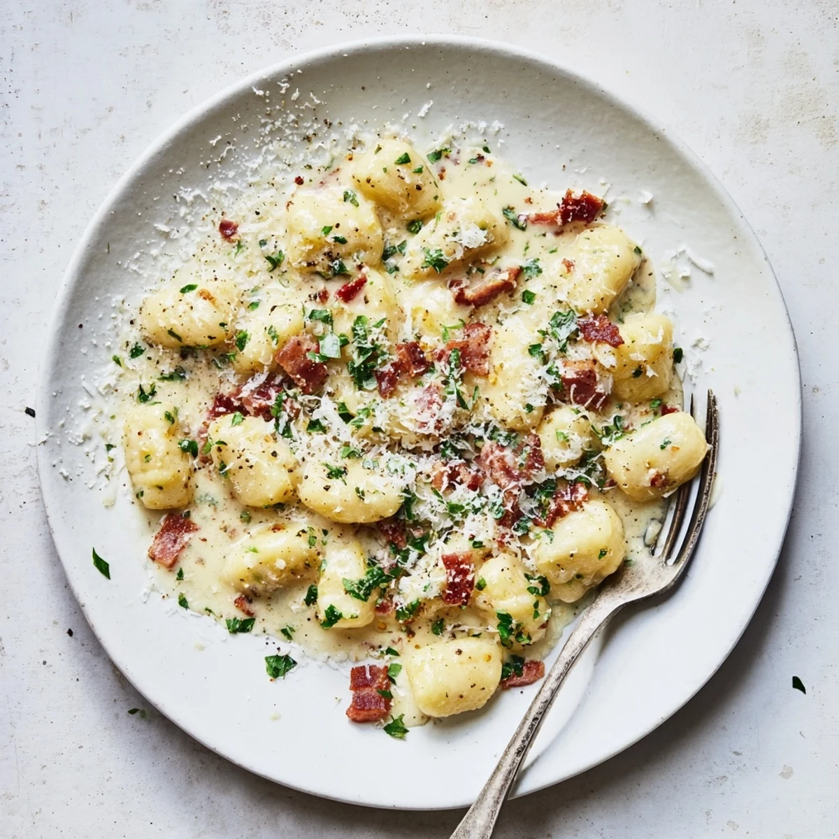 Creamy gnocchi carbonara featuring pillowy pasta, savory bacon, and rich Parmesan sauce