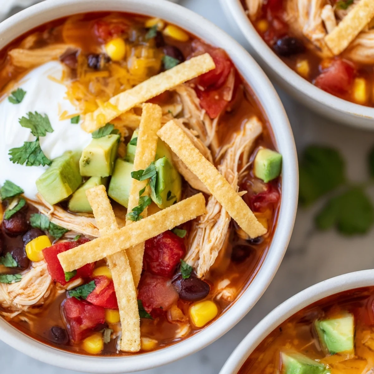Hearty bowl of classic chicken tortilla soup featuring tender chicken, black beans, and melted cheddar cheese