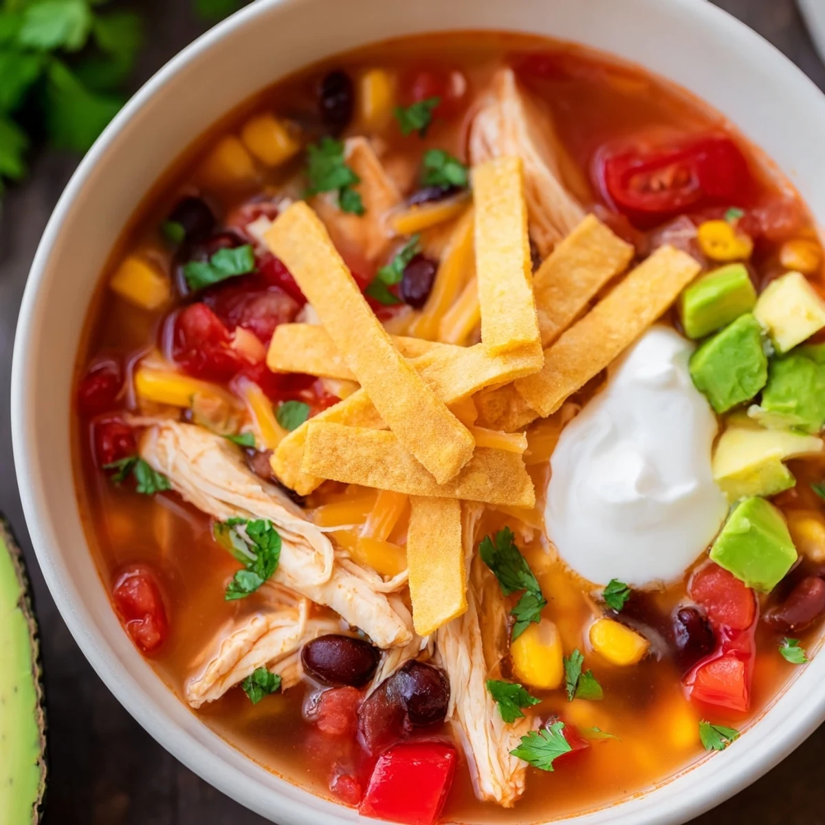 Golden chicken tortilla soup topped with crispy tortilla strips, avocado, and fresh cilantro garnish