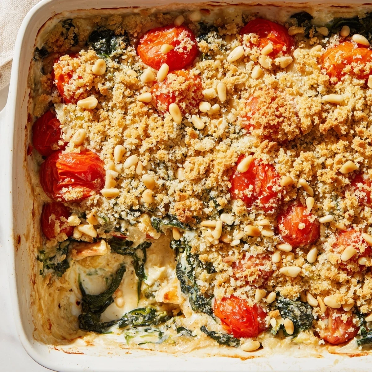 Vegetarian Mediterranean casserole with wilted spinach, ricotta cream sauce, and crunchy pine nut garnish