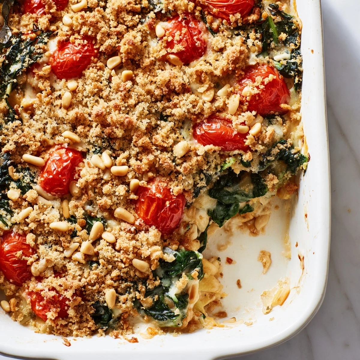 Golden creamy tomato spinach and pine nut bake topped with toasted nuts and juicy cherry tomatoes