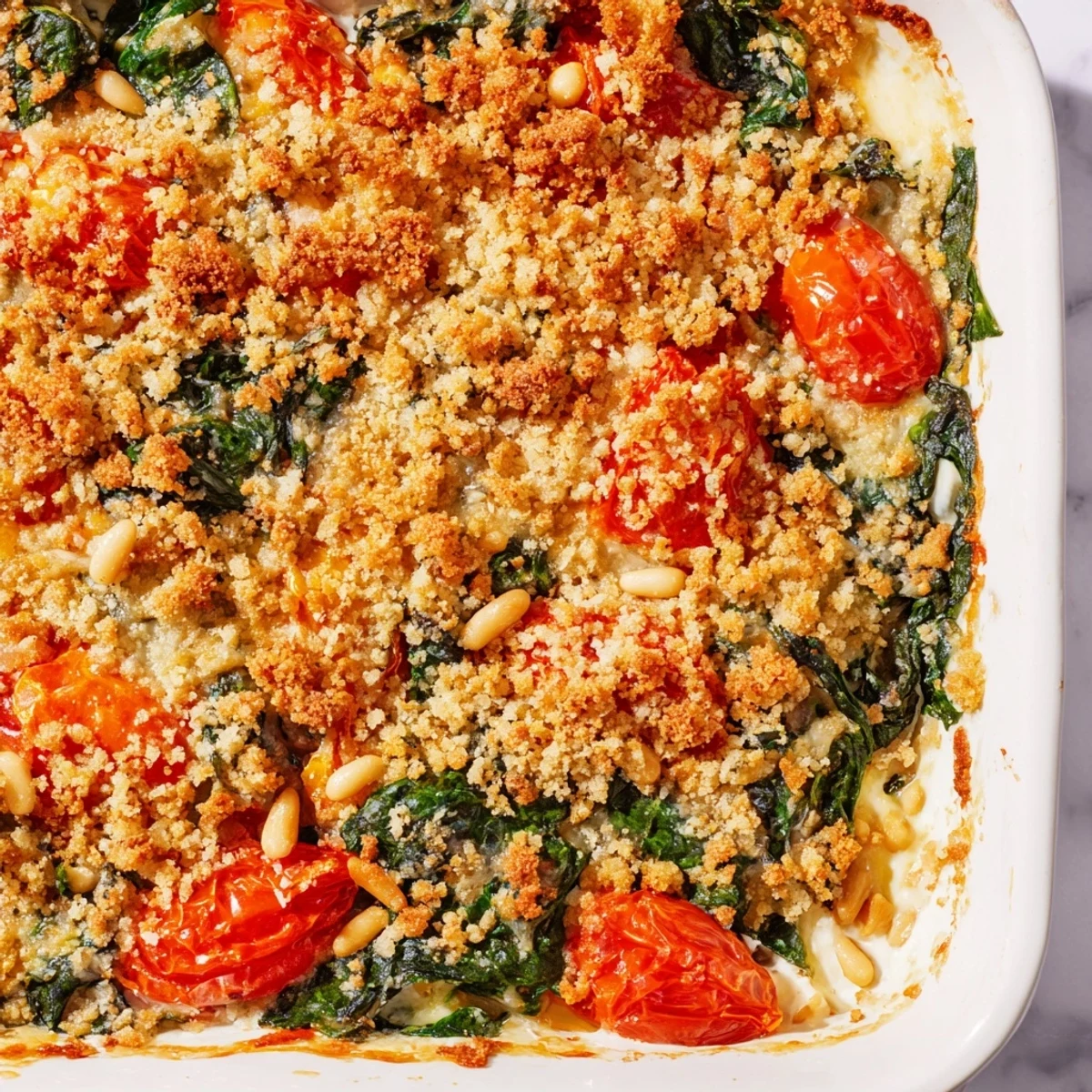 Baked dish featuring layers of spinach, tomatoes, and pine nuts in a rich cheesy cream sauce