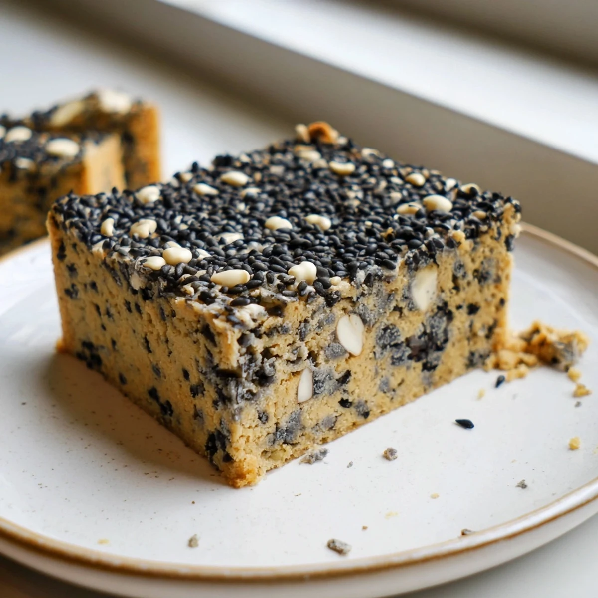 Chewy black sesame blondies speckled with toasted seeds, freshly baked to golden perfection