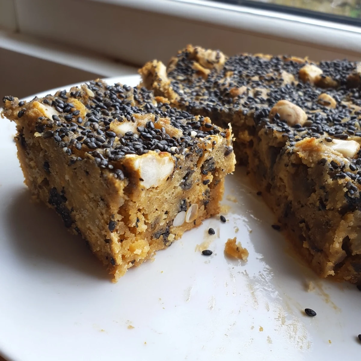 Square pan of nutty black sesame blondies with crackled top and scattered sesame garnish