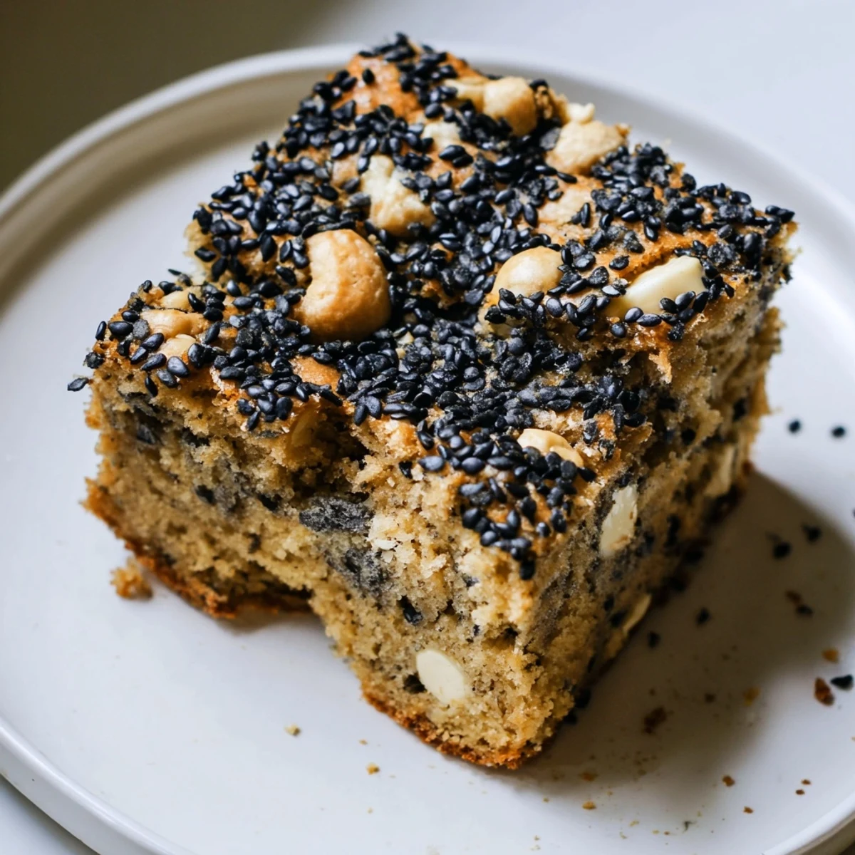 Buttery black sesame blondies cut into squares, revealing soft chewy interior with white chips
