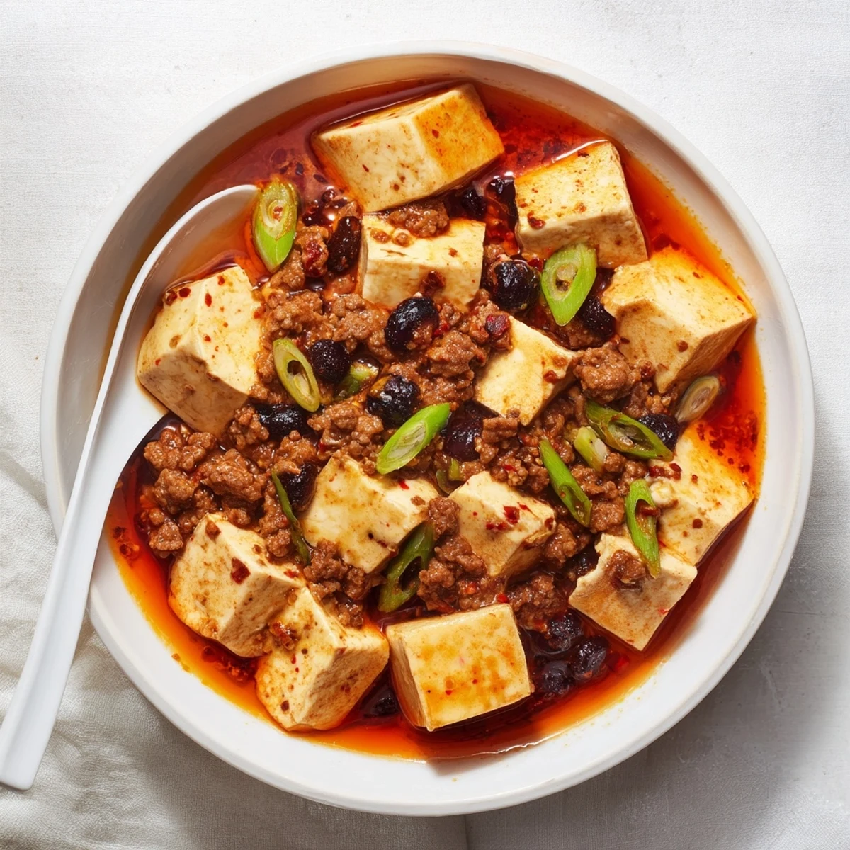 Silky tofu cubes and ground pork simmered in spicy Mapo Tofu sauce with garnish