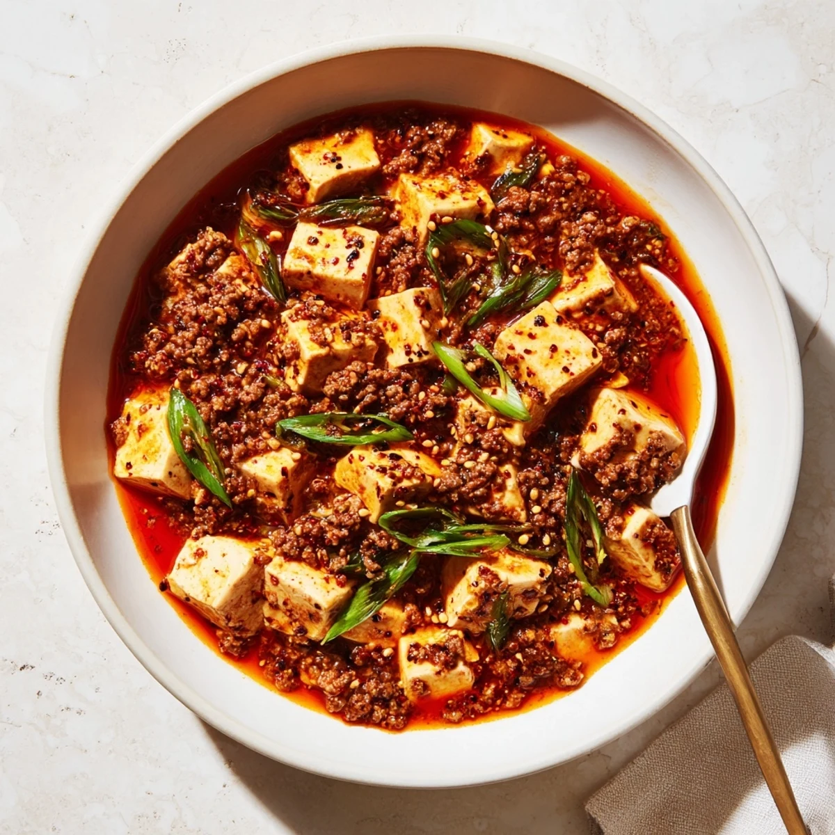 Golden Mapo Tofu featuring tender tofu in aromatic chili broth topped with fresh scallions