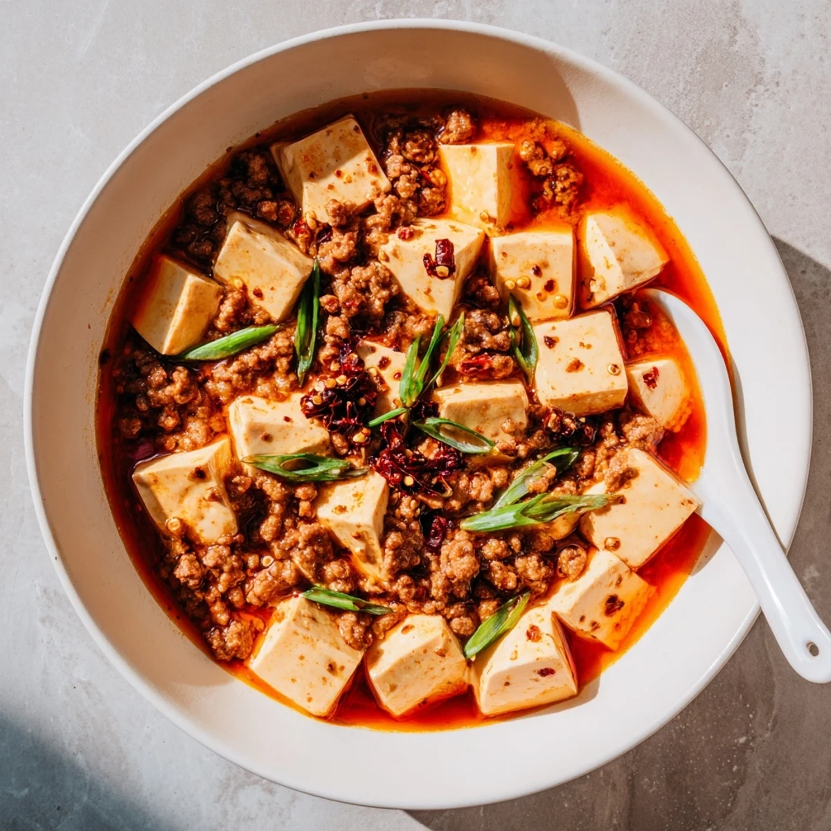 Steaming bowl of Mapo Tofu with numbing Sichuan peppercorns served over white rice