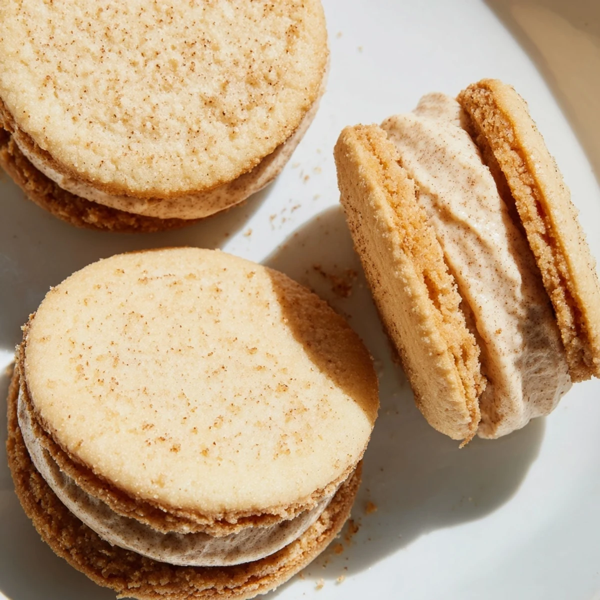 Buttery shortbread cookies infused with warm spices sandwiched together with sweet chai filling close up