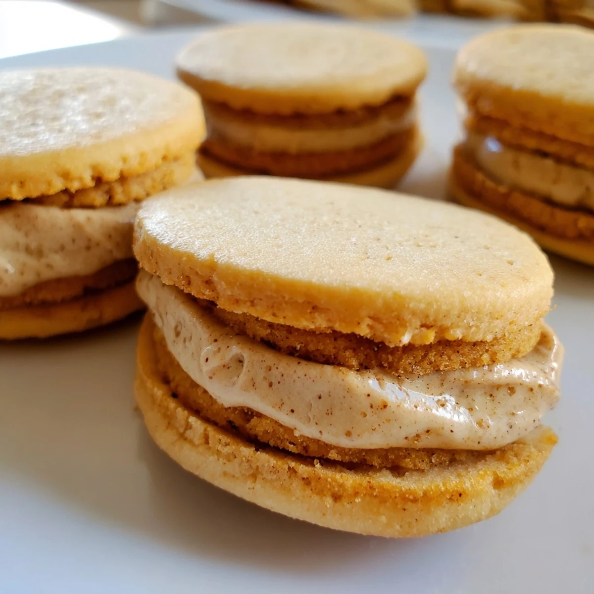 Golden chai shortbread cookie sandwiches filled with creamy spiced buttercream on a white plate