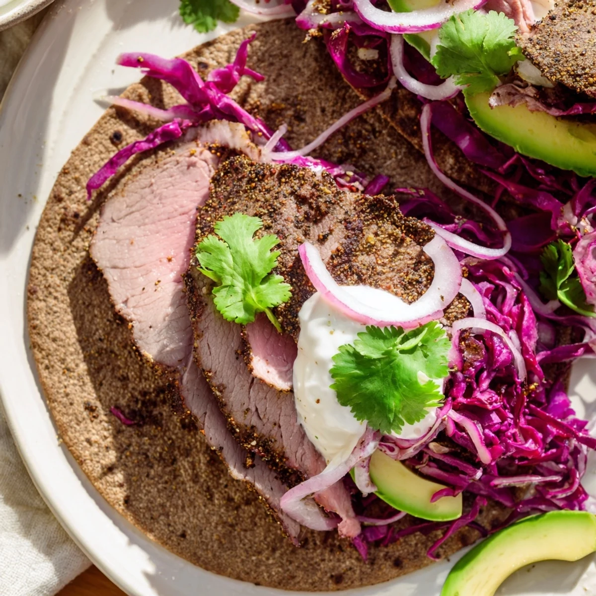 Golden roasted cumin crusted leg of lamb sliced inside warm tortillas