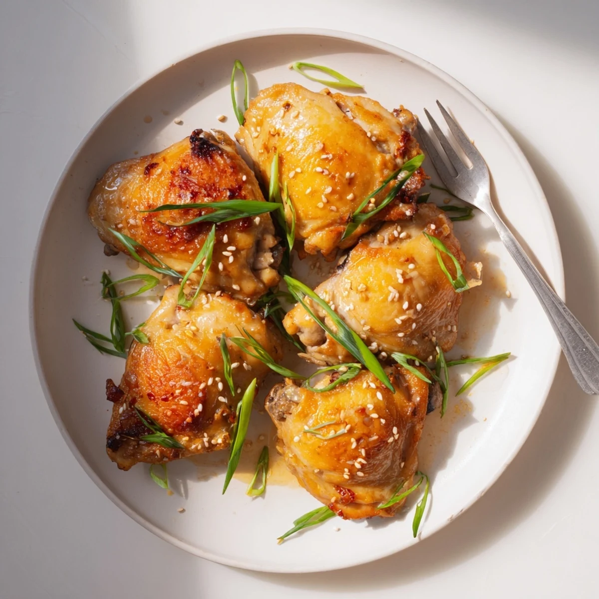 Succulent Five Spice Chicken pieces resting on serving plate with shiny soy-based glaze