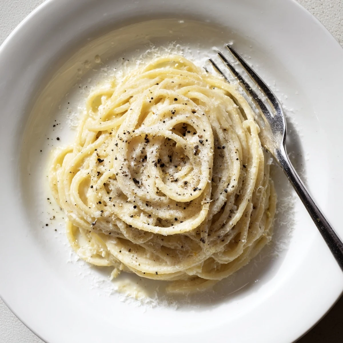 Steam rising from a plate of Cacio e Pepe featuring glossy spaghetti tossed with savory melted cheese