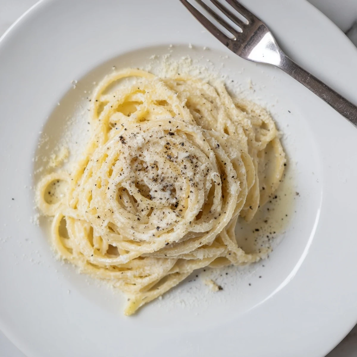 Twirled Cacio e Pepe pasta on a white plate, generously topped with grated Pecorino Romano and aromatic black pepper