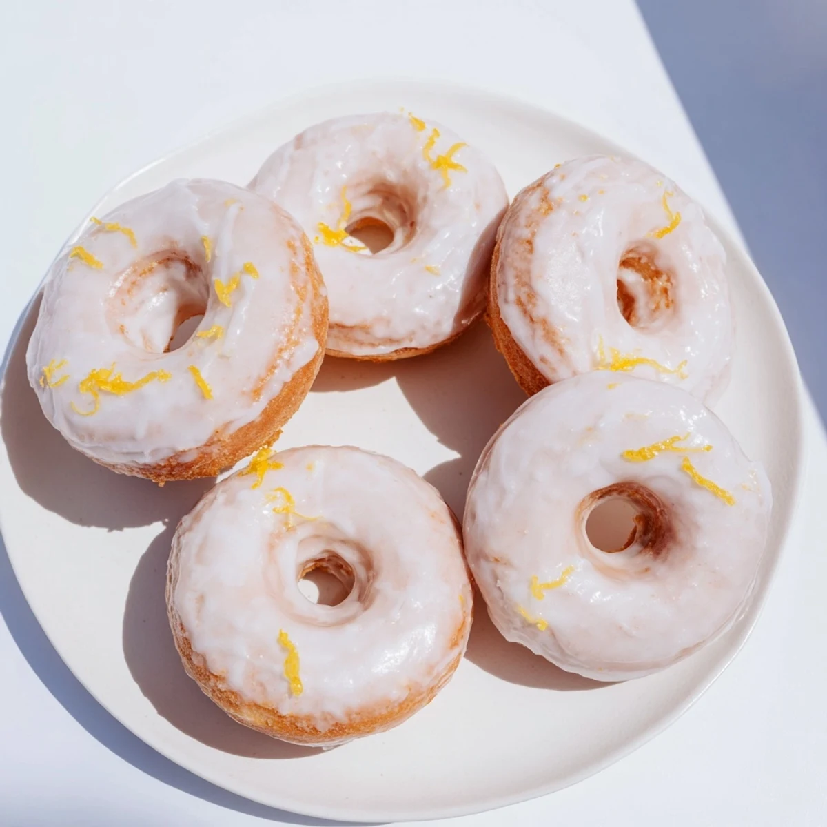 Golden lemon mochi donuts drizzled with tangy white glaze on a wire rack