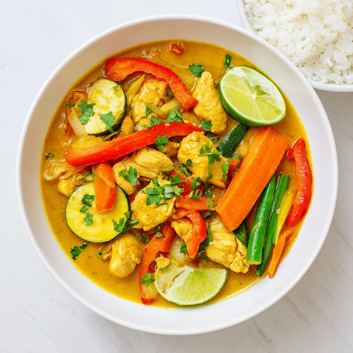 Golden bowl of yellow jungle chicken curry with tender chicken and colorful vegetables in rich coconut sauce