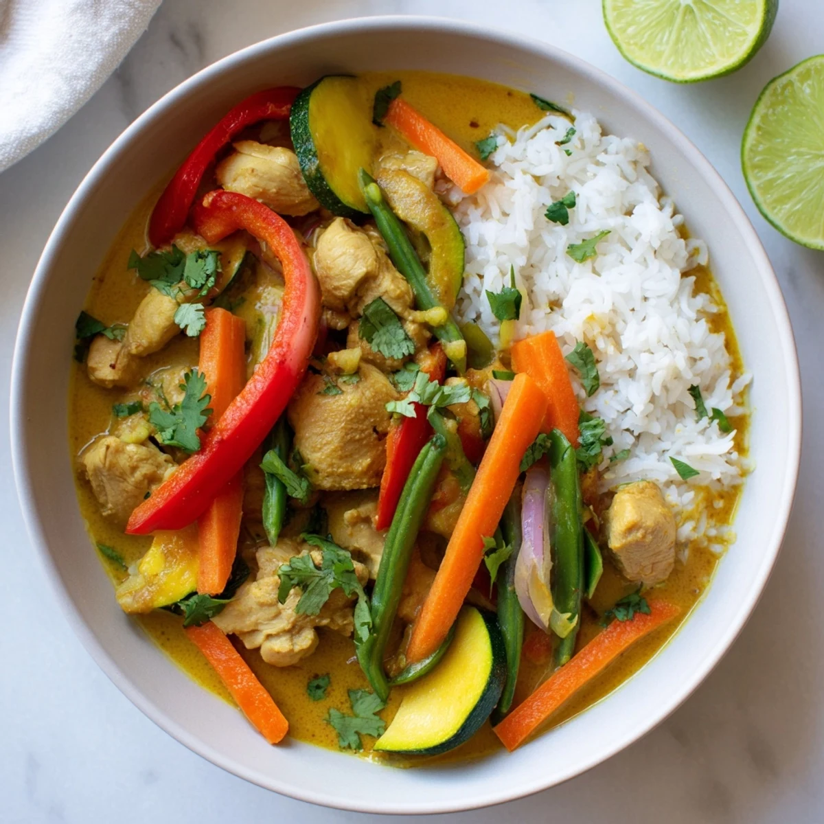 Steaming jasmine rice topped with vibrant yellow jungle chicken curry featuring bell peppers zucchini and fresh cilantro garnish