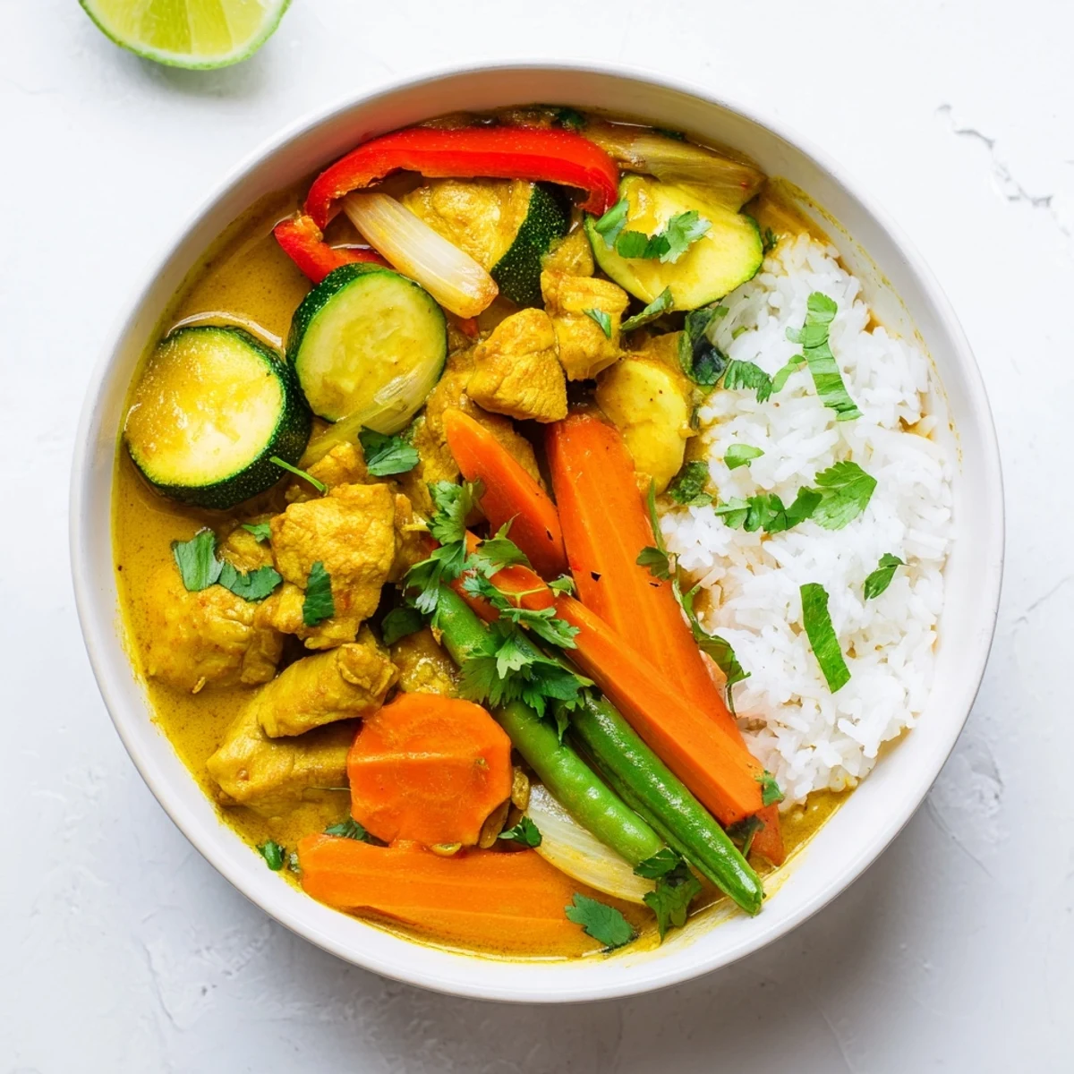 Creamy yellow jungle chicken curry simmered with aromatic vegetables and served over fluffy white rice with lime