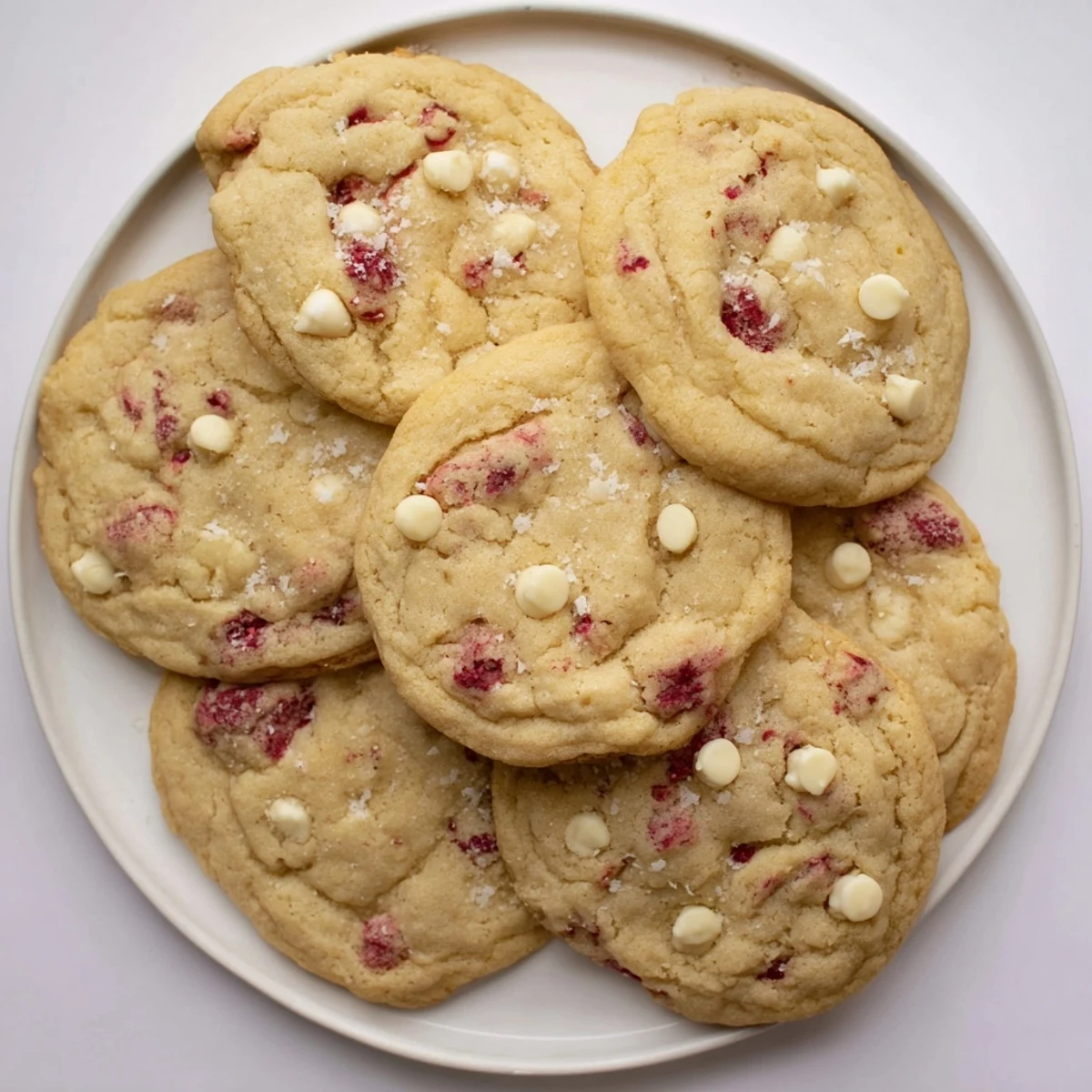 Golden lemon raspberry cookies with fresh berries and white chocolate chips on a wire cooling rack