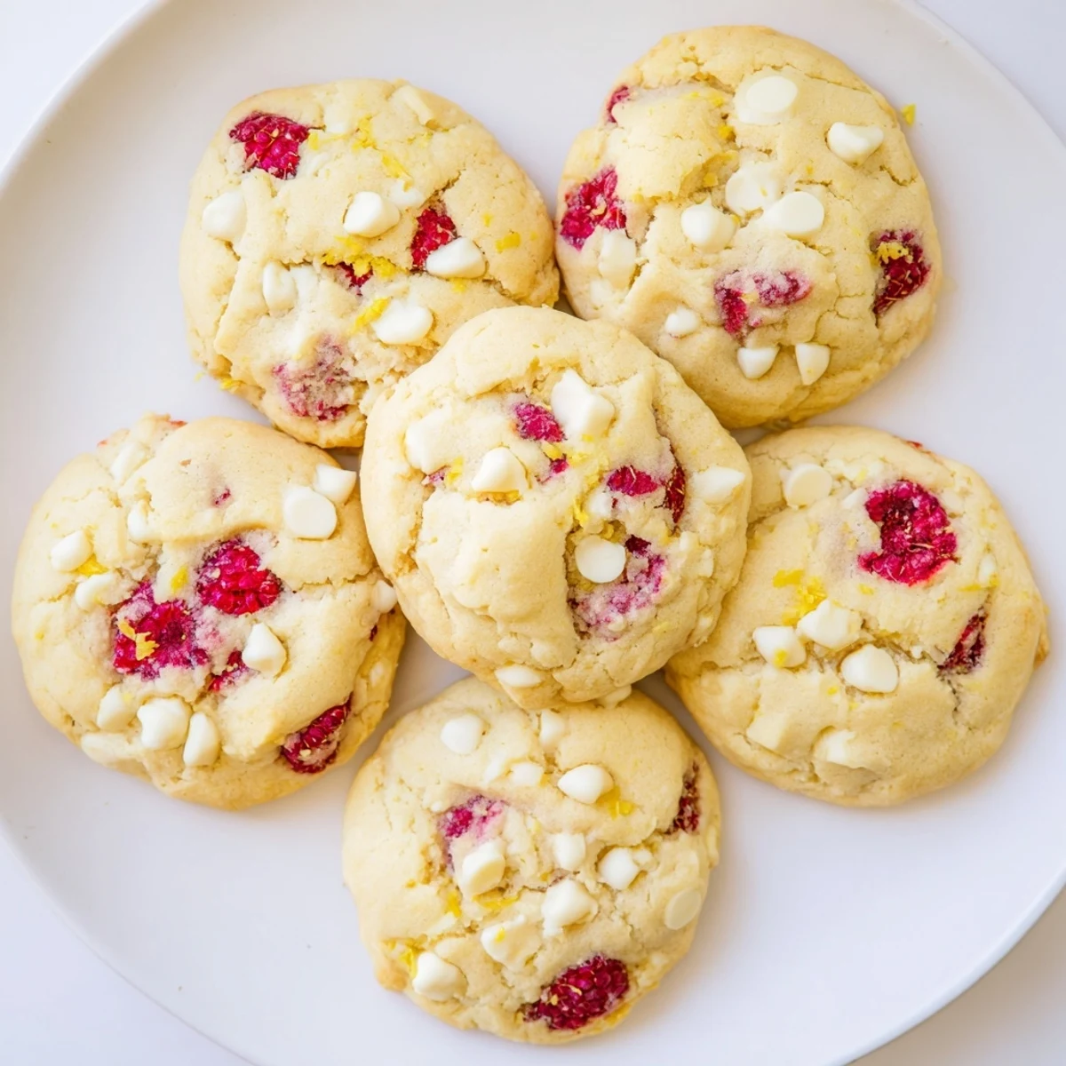 Soft baked lemon raspberry cookies featuring bright zest and juicy red raspberry pieces throughout