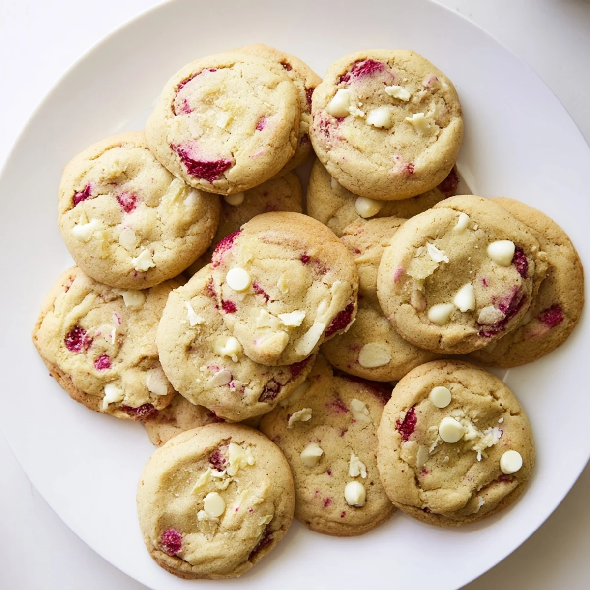 Close up of lemon raspberry cookies showing golden edges with tart berry chunks and white chocolate