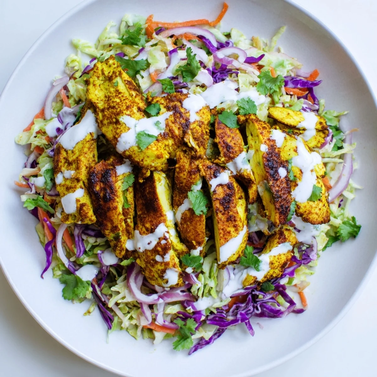 Golden curried chicken slices arranged over colorful lime coleslaw with mint yogurt drizzle