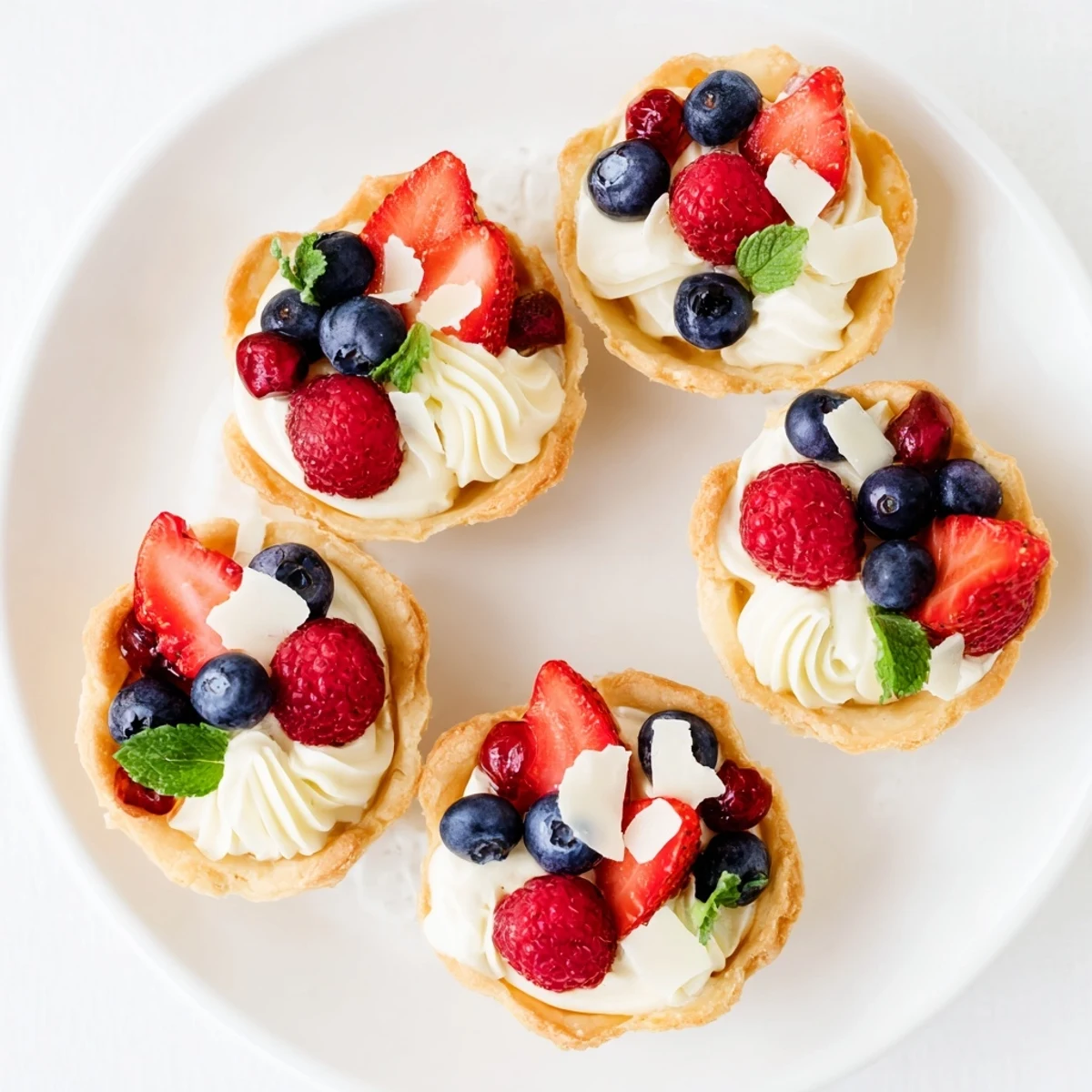 Golden baked tartlet shells filled with creamy white chocolate mousse topped with fresh raspberries and blueberries