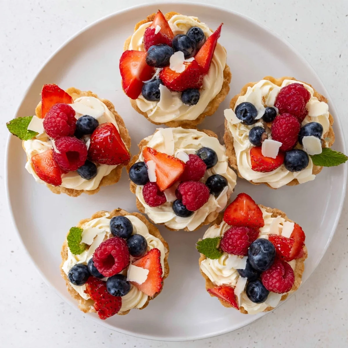 Delicate individual white chocolate mousse tartlets garnished with mixed berries and mint on a serving platter