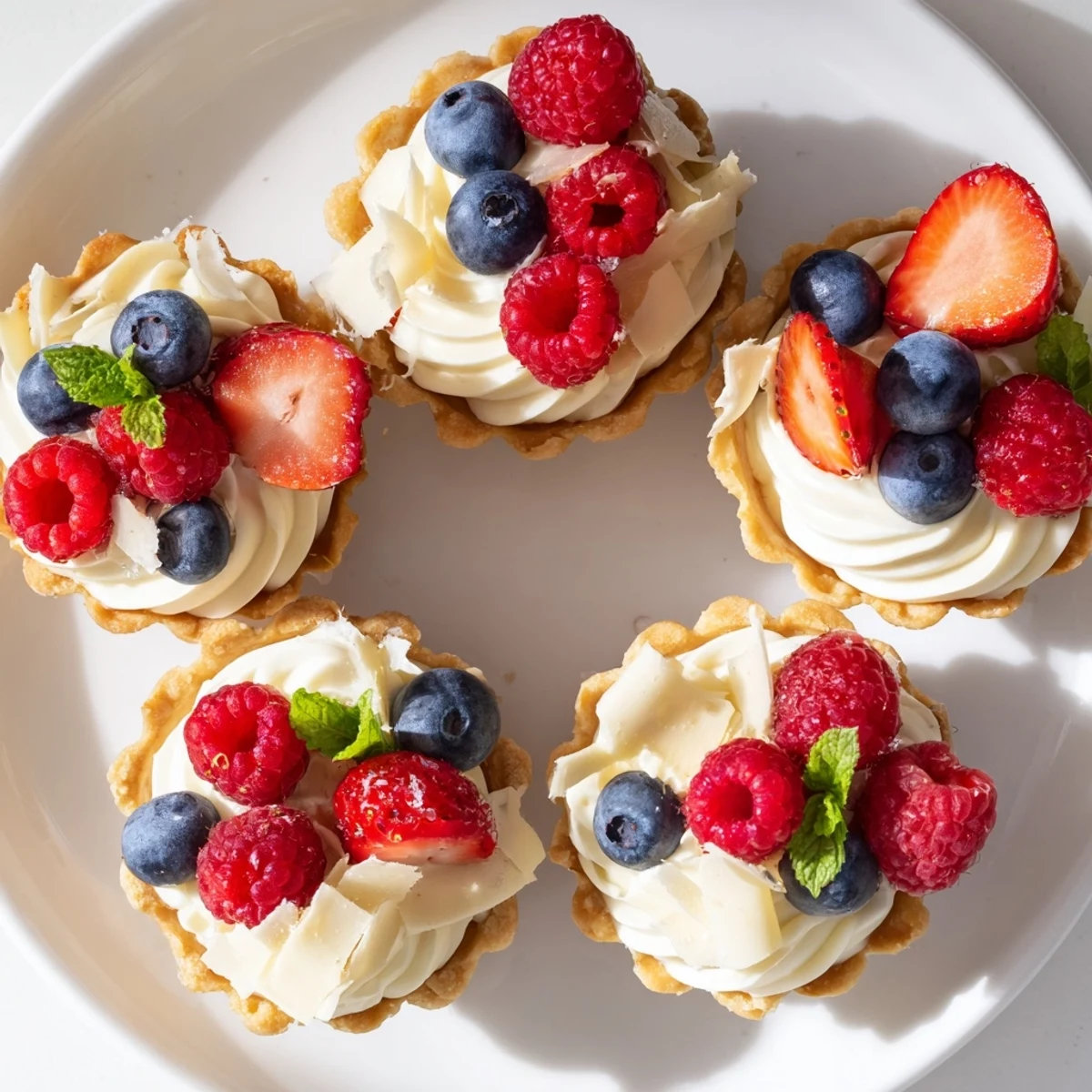 Silky smooth white chocolate mousse in crisp pastry shells decorated with strawberries and chocolate shavings
