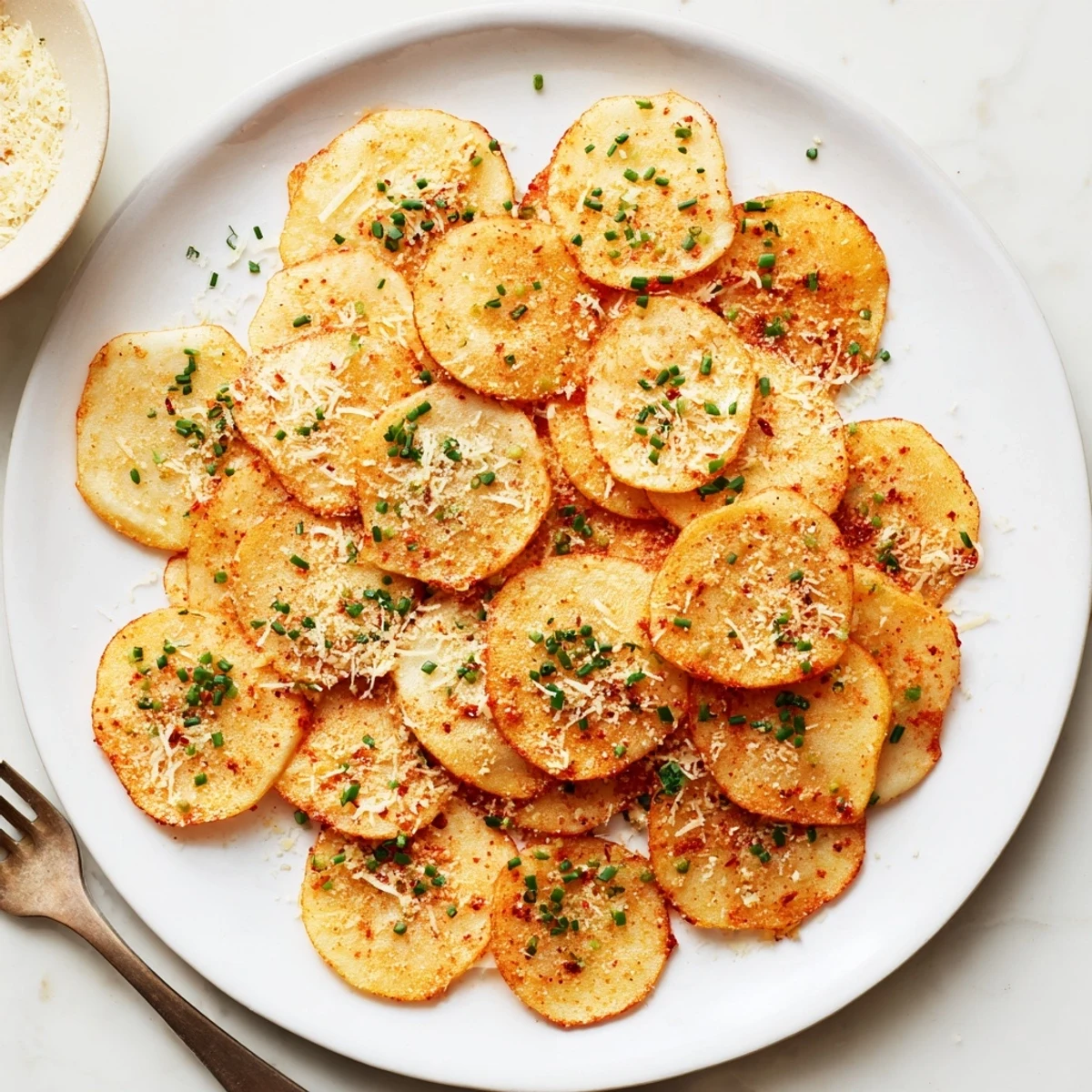 Golden crispy cottage cheese chips arranged on a white serving plate with chopped chives