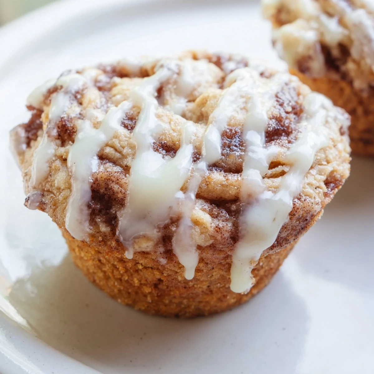High protein muffins topped with white icing drizzle and golden cinnamon sugar swirls