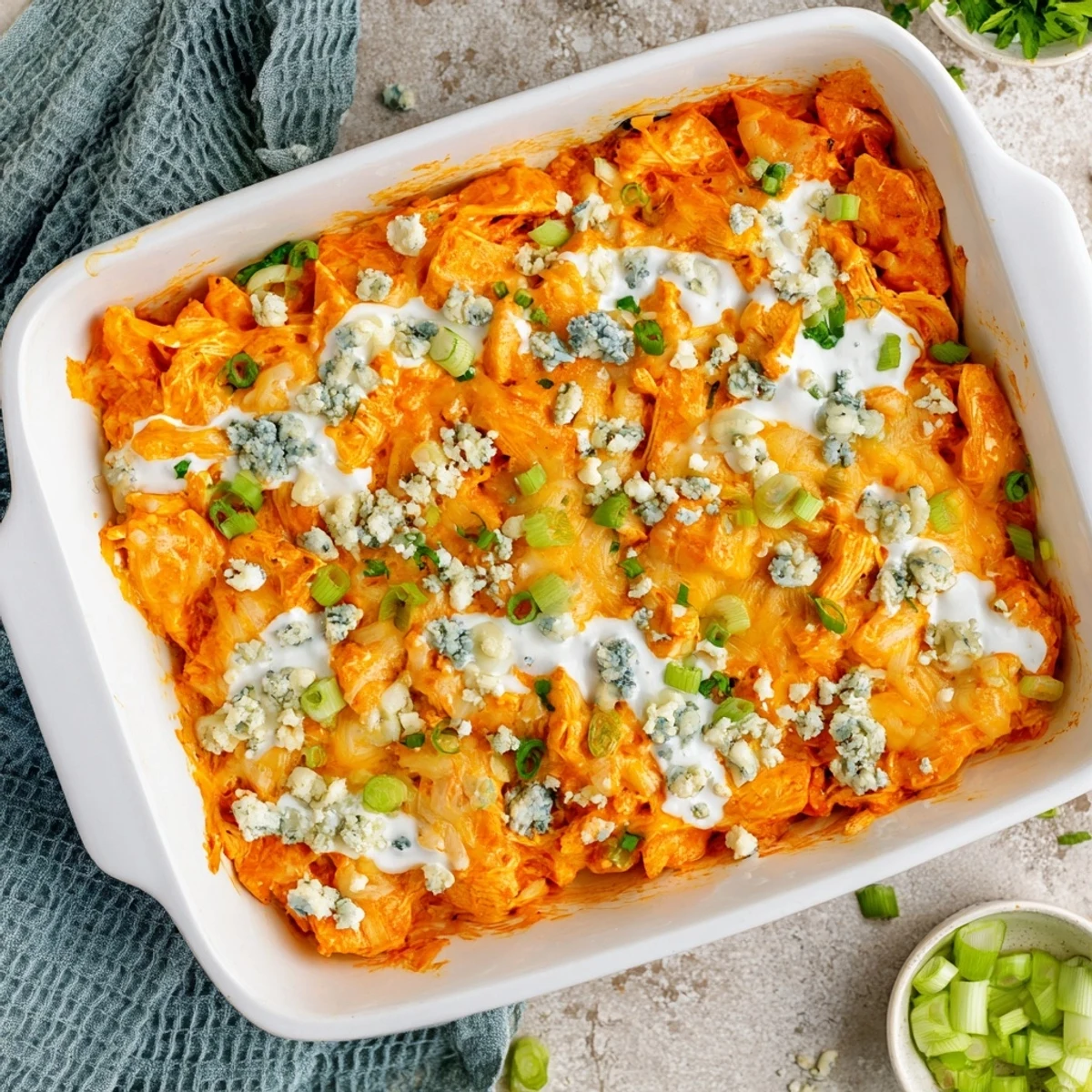Golden Buffalo Chicken Cheese Bake bubbling with melted cheddar and mozzarella in a baking dish