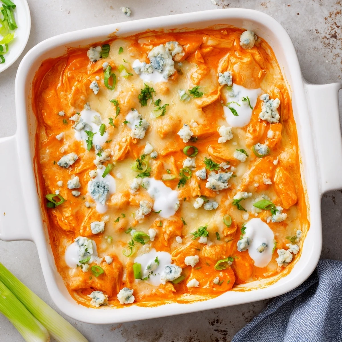 Creamy Buffalo Chicken Cheese Bake served hot with crispy textures and rich buffalo sauce