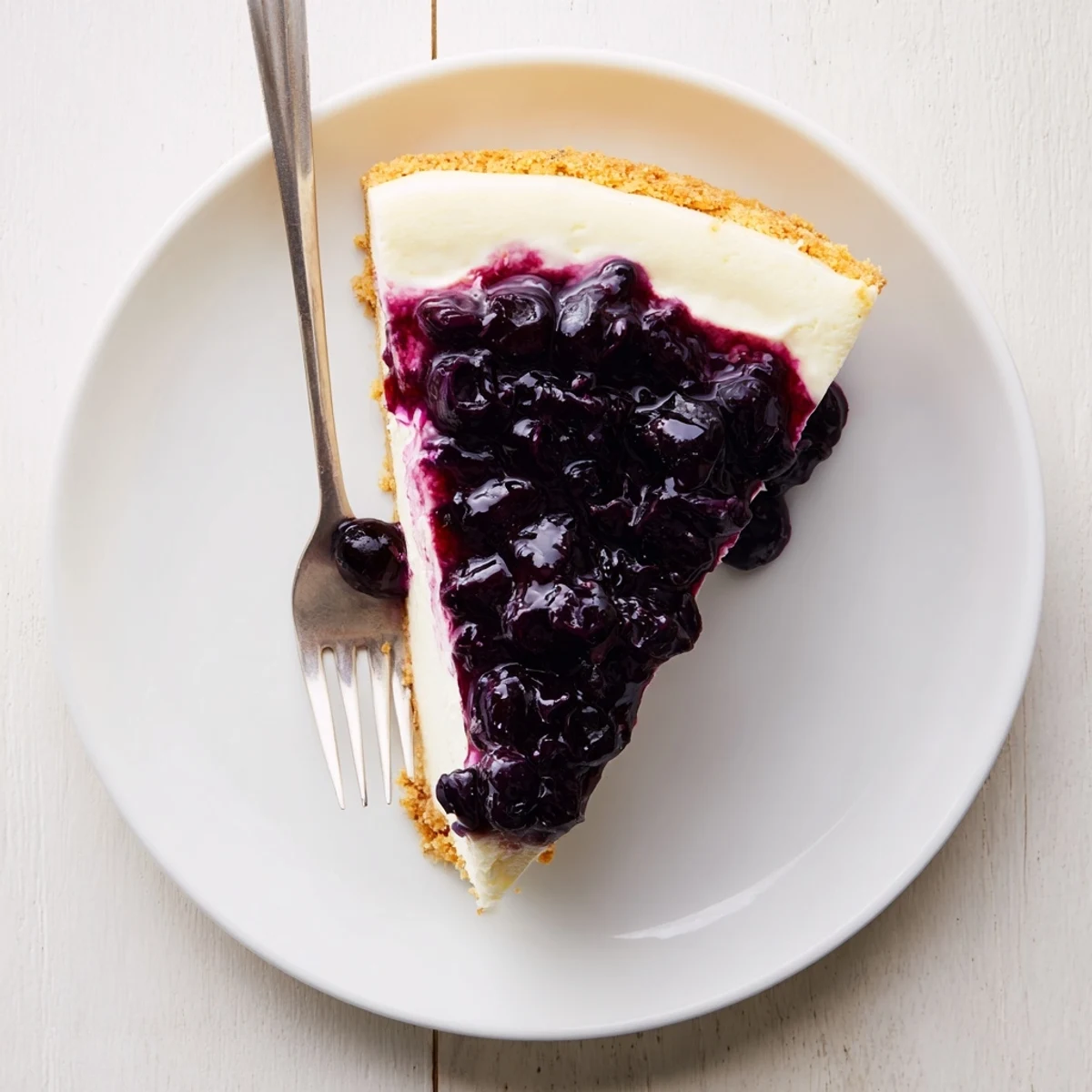 Creamy blueberry cheesecake slice topped with glossy purple blueberry compote on a white plate.