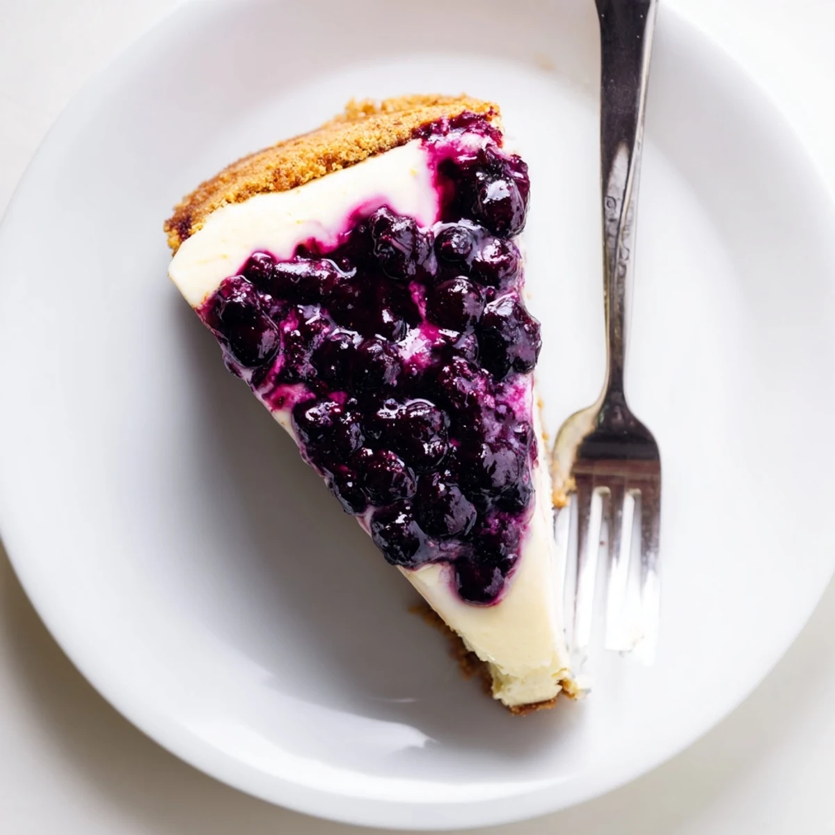 Velvety blueberry cheesecake showing thick layer of fruit topping over crumbly buttery crust close-up.