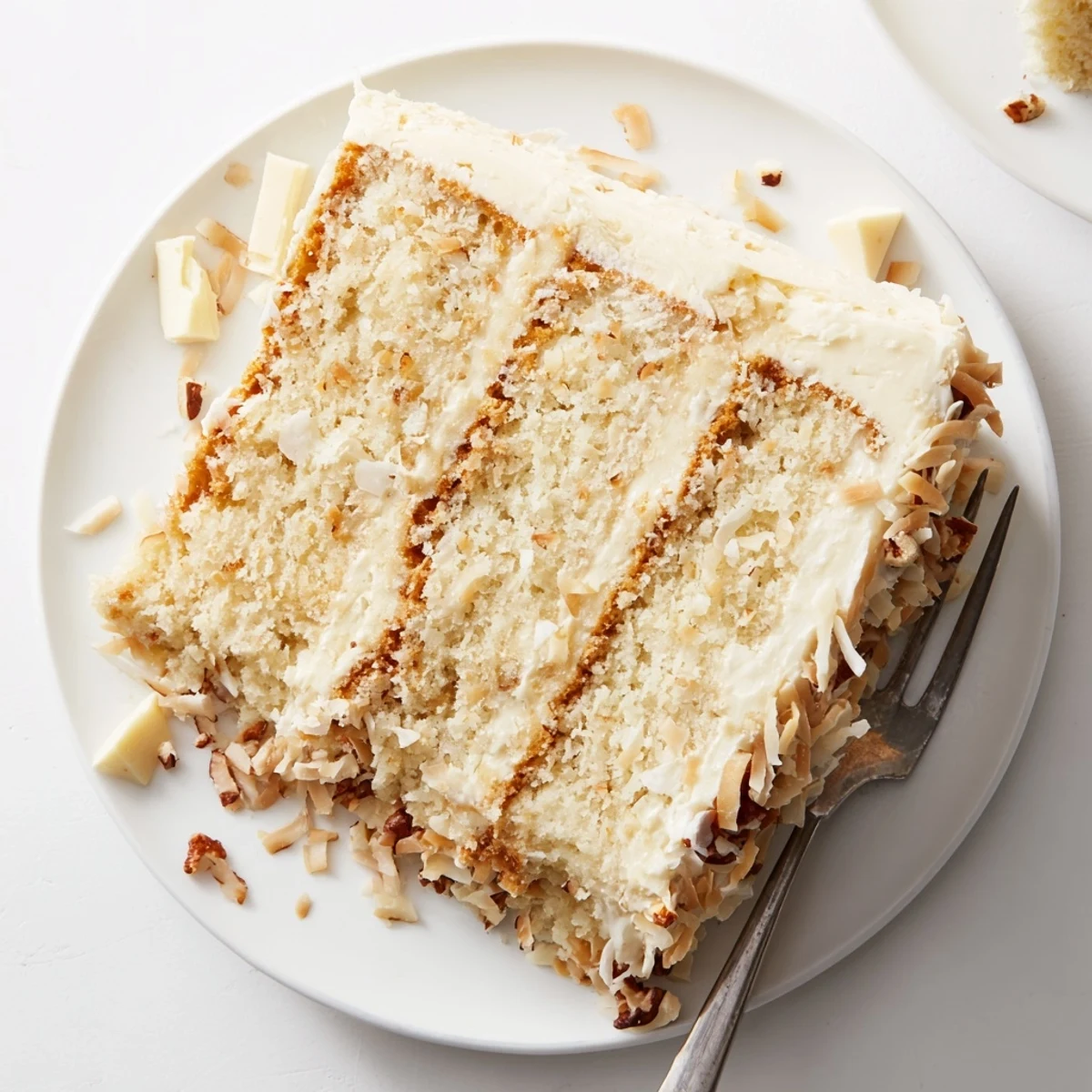 Slice of white German chocolate cake revealing tender white chocolate crumbs and thick coconut frosting.