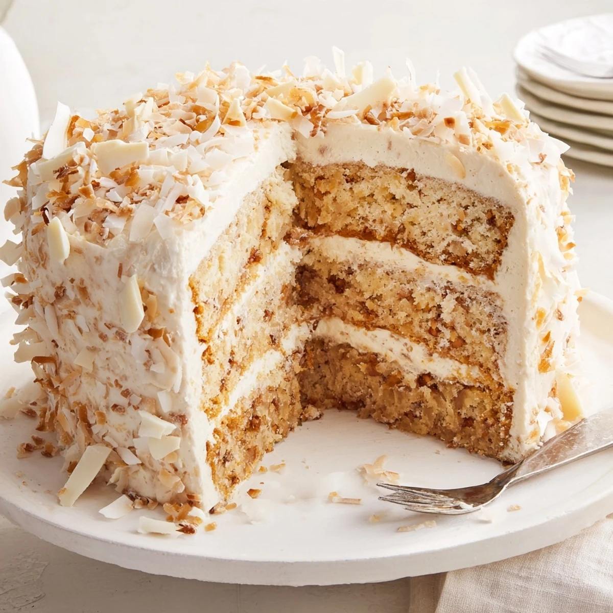 Three-layered white German chocolate cake with creamy coconut-pecan filling dripping down the sides.