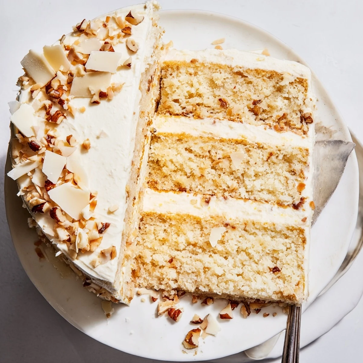 Elegant triple-layer white German chocolate cake topped with toasted coconut and chopped pecans.