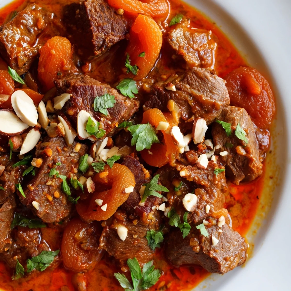 Rich Moroccan beef stew with apricots simmered in aromatic spices with tender beef chunks