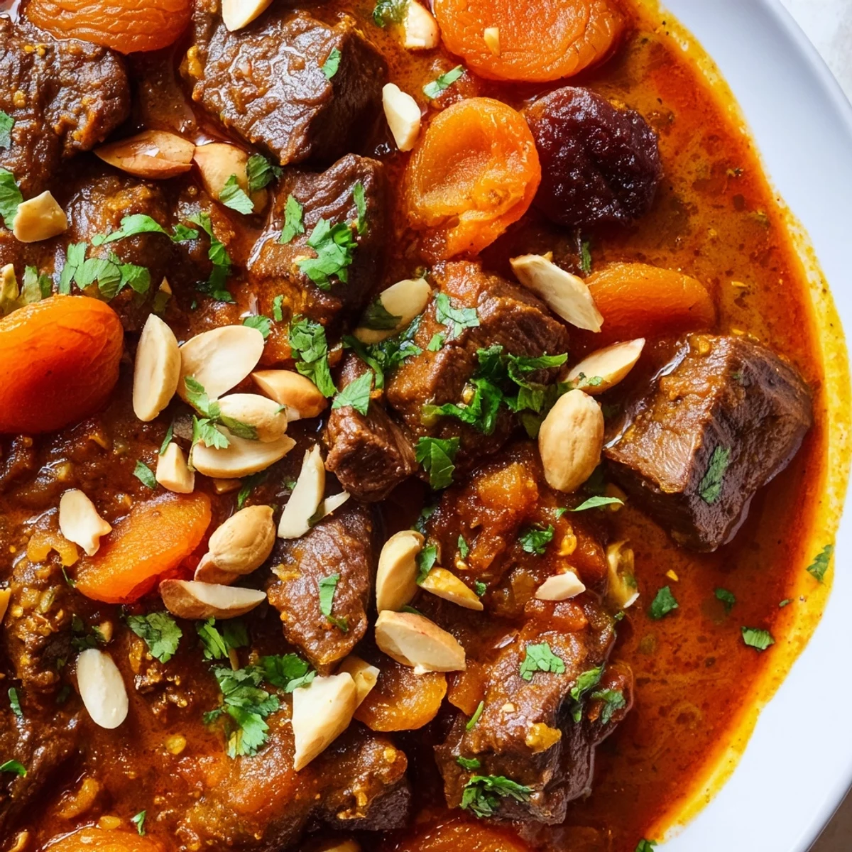 Hearty Moroccan beef stew with apricots garnished with fresh cilantro and toasted almonds