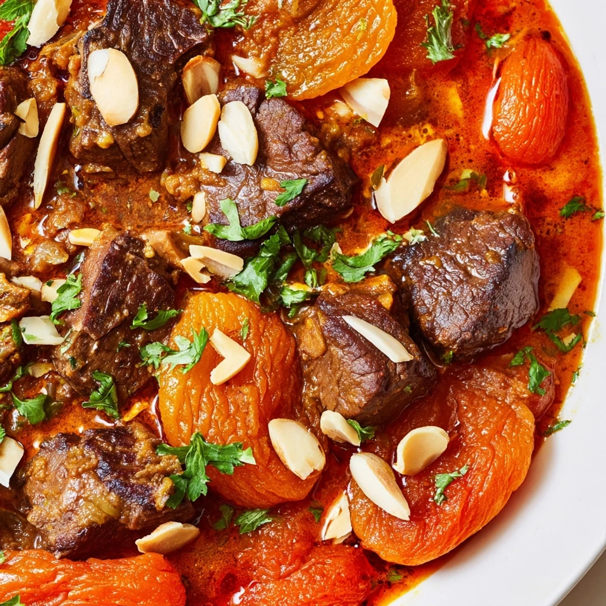 Savory Moroccan beef stew with apricots featuring sweet dried fruit and warming cinnamon spices
