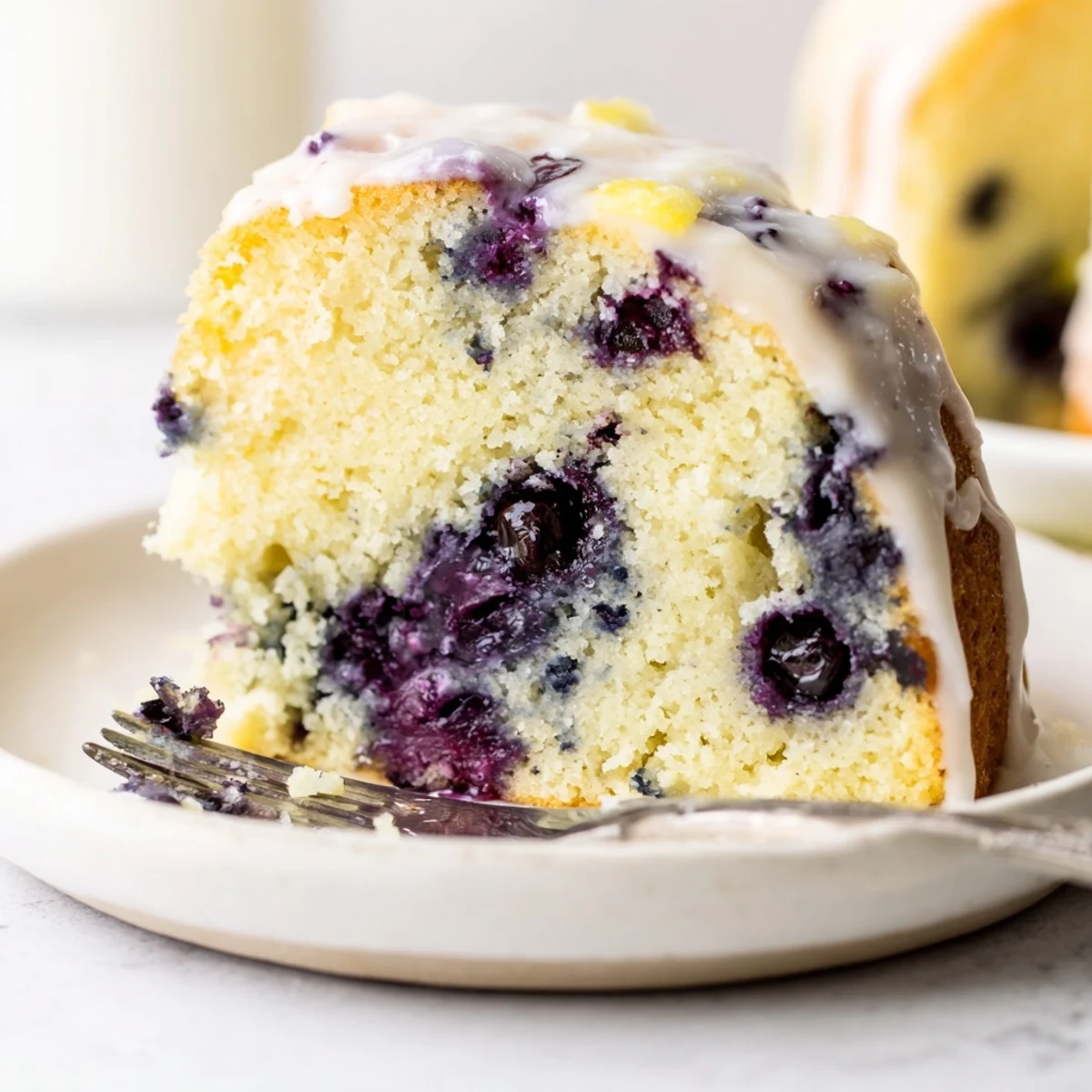 Moist lemon blueberry cake slice featuring vibrant purple berries and zesty lemon glaze