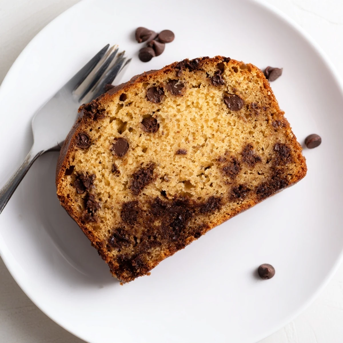 Golden loaf of classic chocolate chip banana bread with melty chips visible on top
