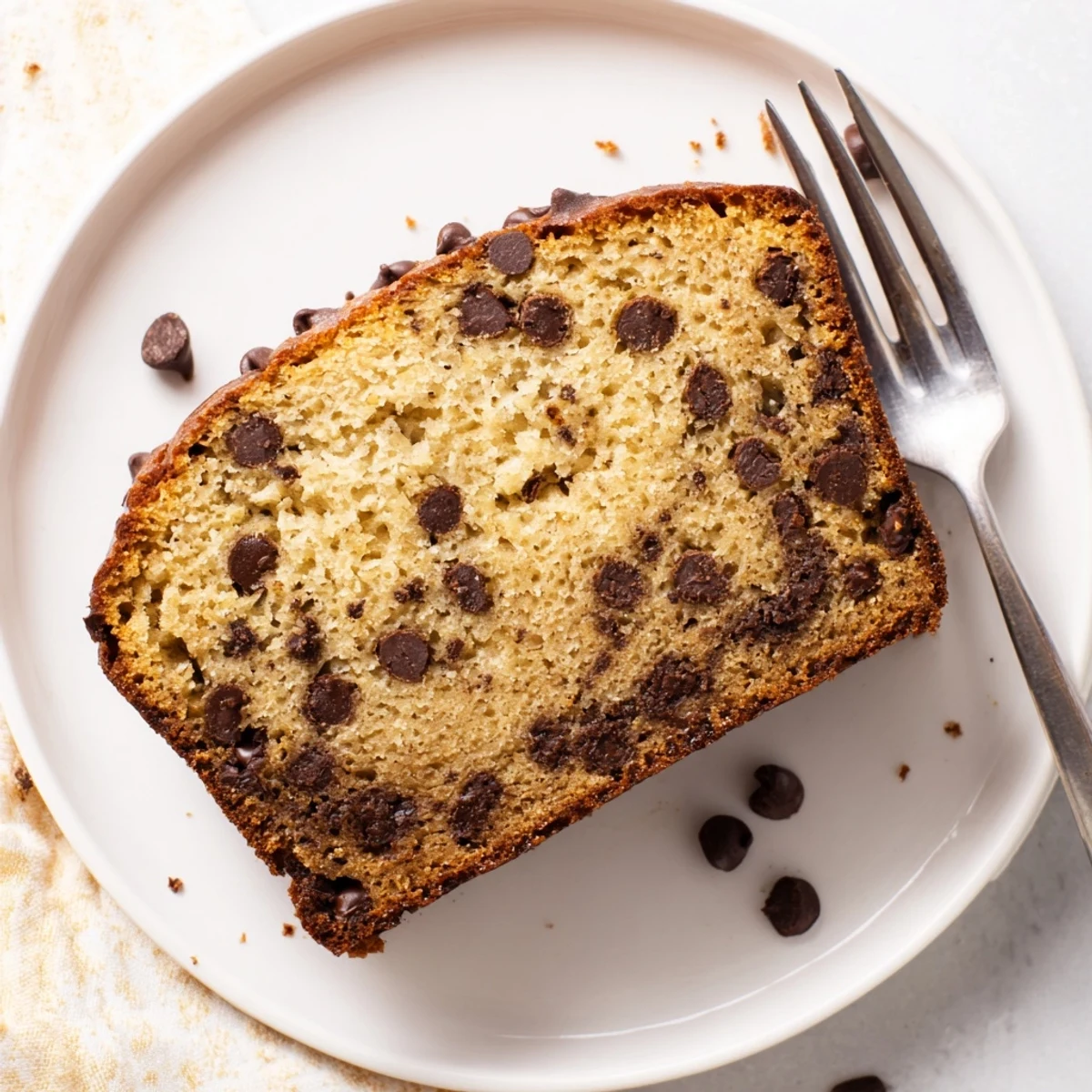 Sliced classic chocolate chip banana bread showing moist crumb and scattered chocolate chunks