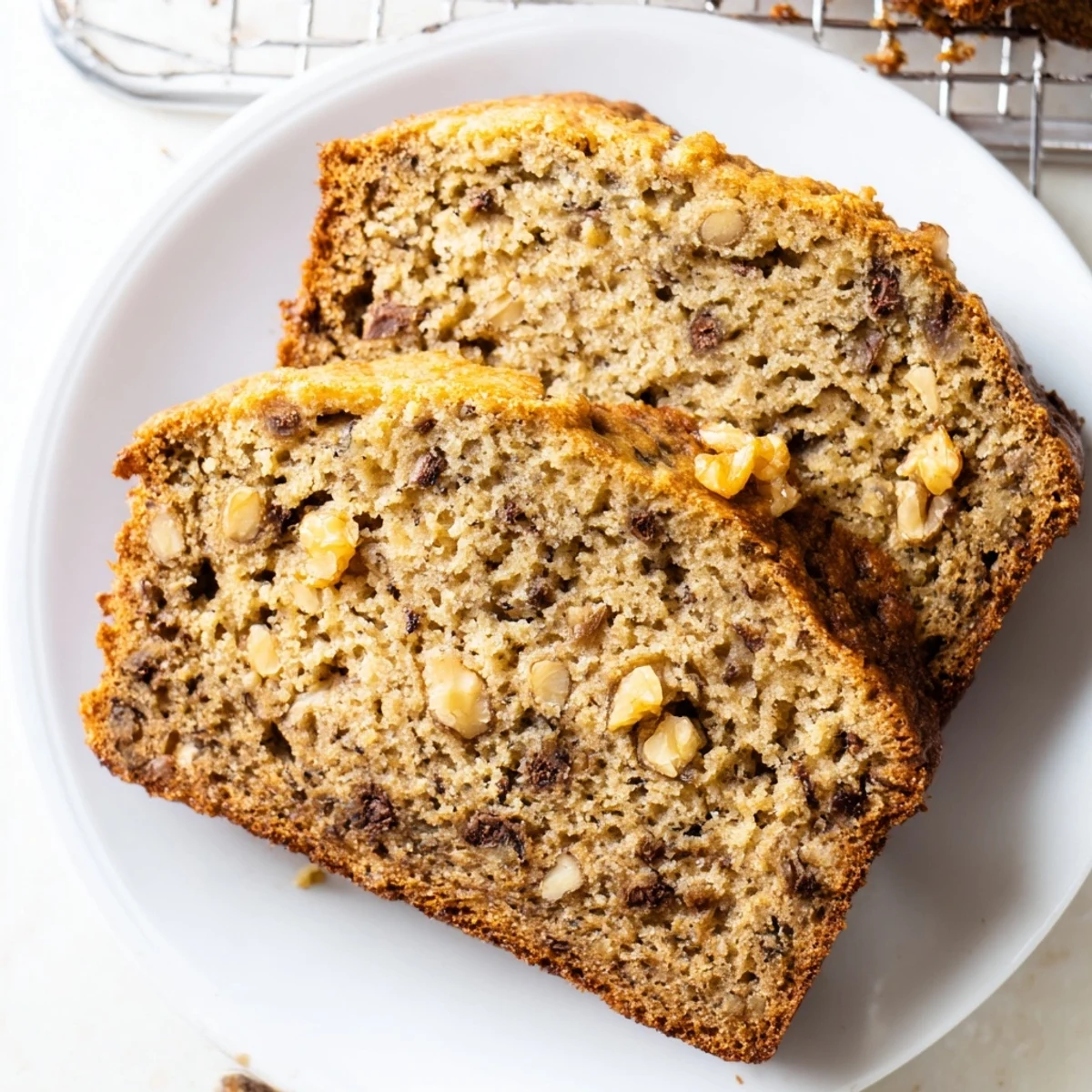 Slice of moist banana bread on a white plate, garnished with walnuts and honey drizzle