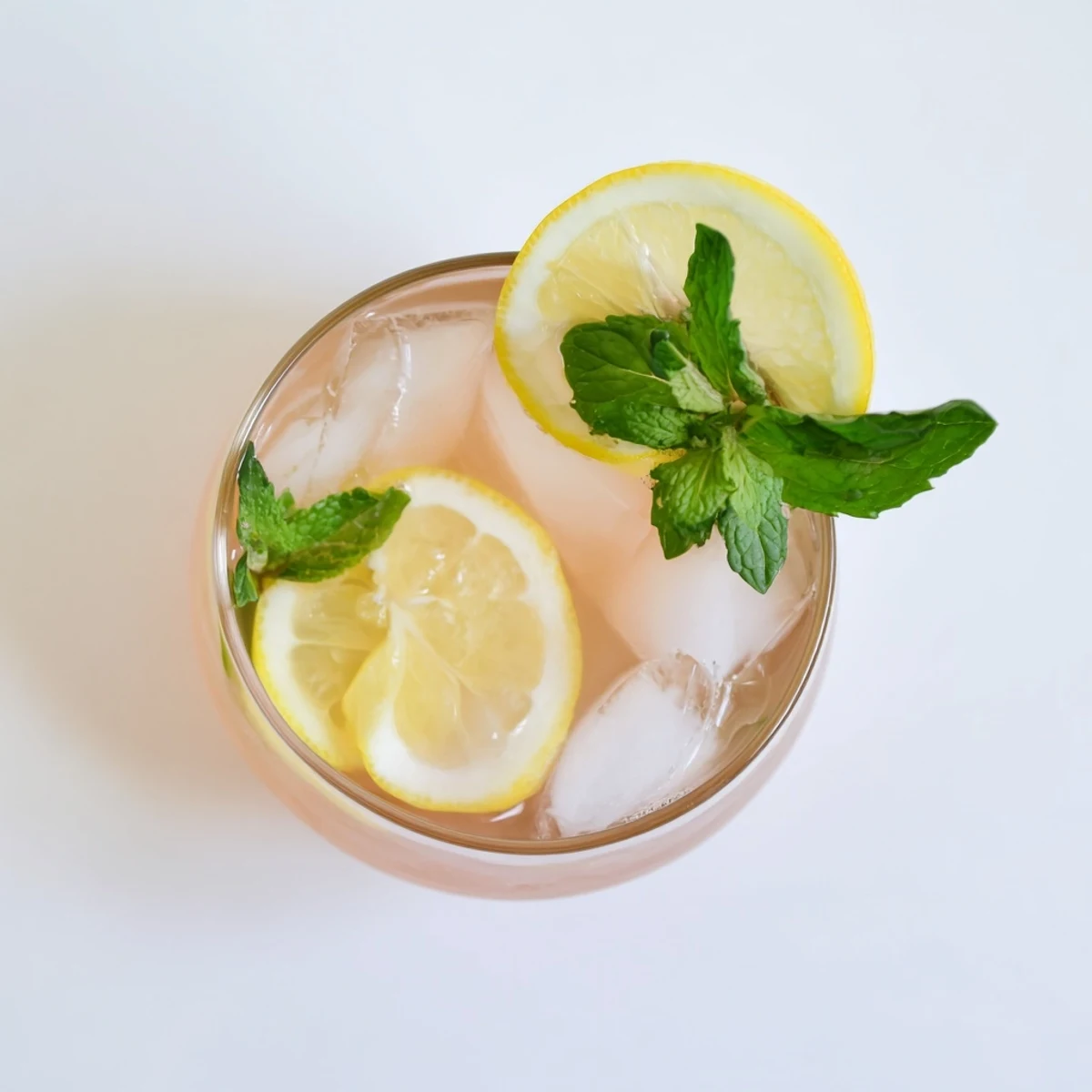 Tall glass of guava white tea lemonade garnished with fresh lemon slices and mint leaves on ice